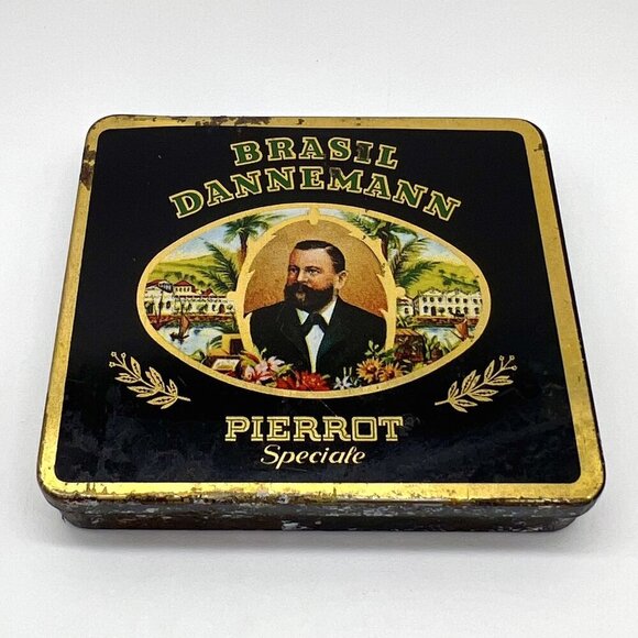 Brasil Dannemann Other - Vintage Brasil Dannemann Pierrot Speciale Cigar Tin Box Black Gold Rusted Patina
